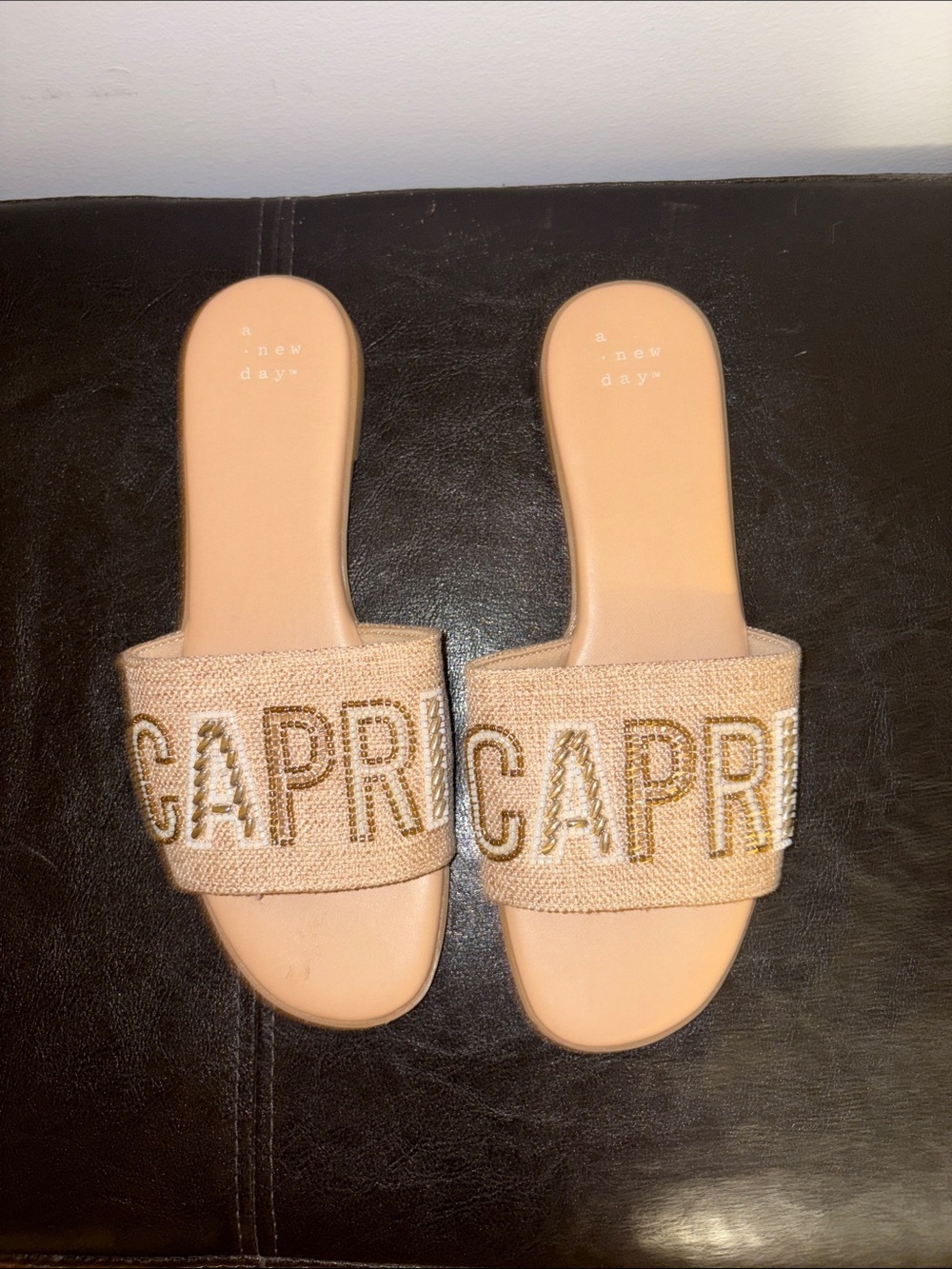 a new day Beige 'CAPRI' Embroidered Slide Sandals